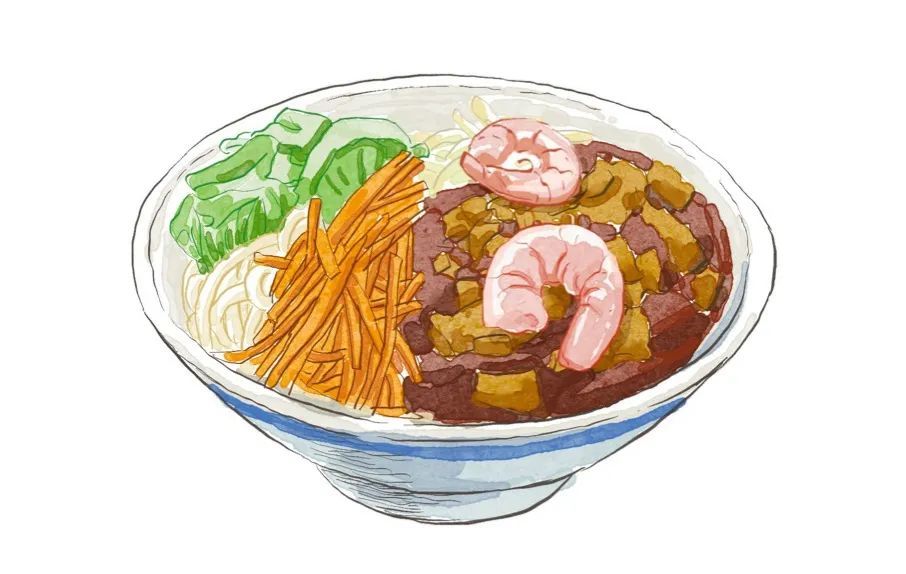 三鲜打卤面，带大虾仁儿的，师春雷绘。